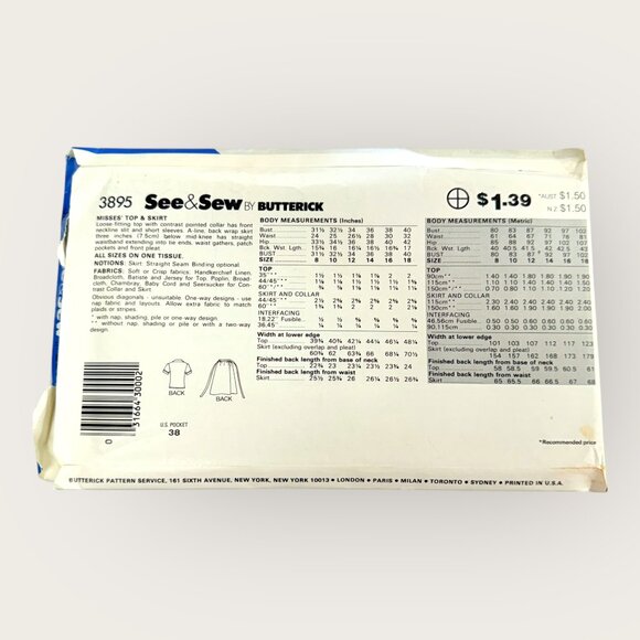 Vintage Butterick Sewing Pattern 3895 Misses Top Skirt Size 8-18 - Picture 2 of 2
